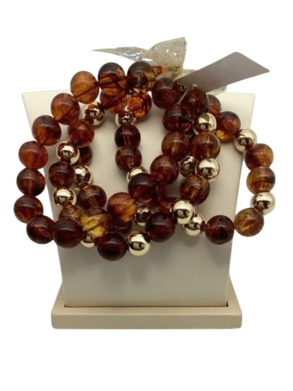 Polished Agenda Tortoiseshell & Gold Tone Beaded Stretch Bracelet Set (NWT)